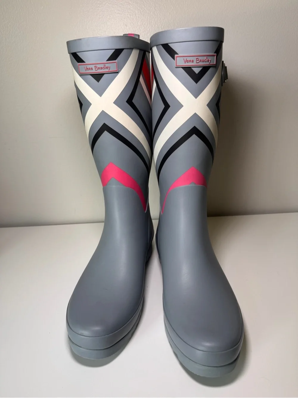 Vera Bradley Northern Stripes Gray, White & Pink Geometric Rain Rubber Boots